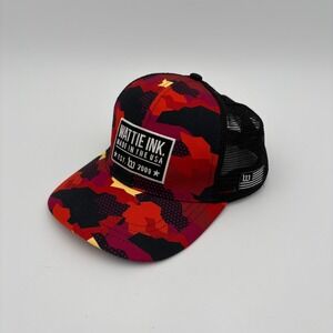 Wattie Ink Mens Mesh Trucker Hat Red Black Camo Made in USA Snapback